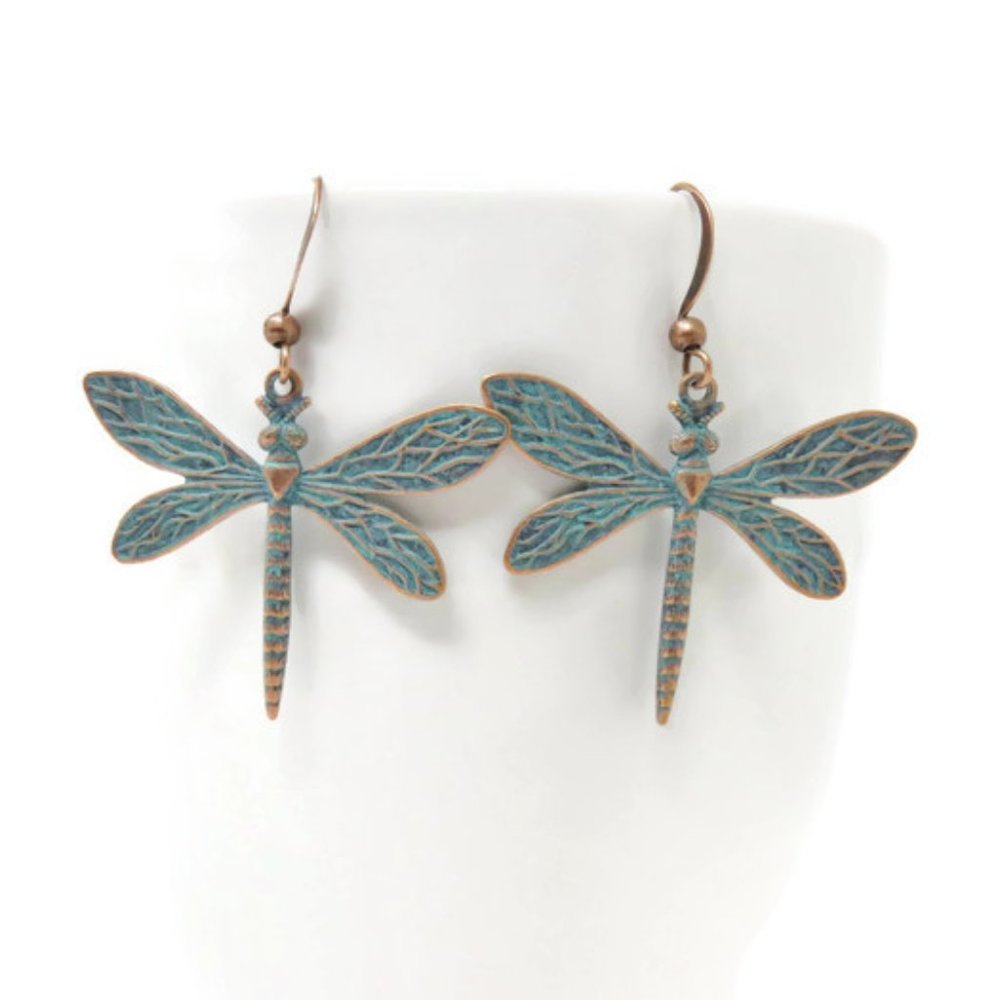 Handmade - Big Dragonfly Earrings - Copper With Verdigris Patina